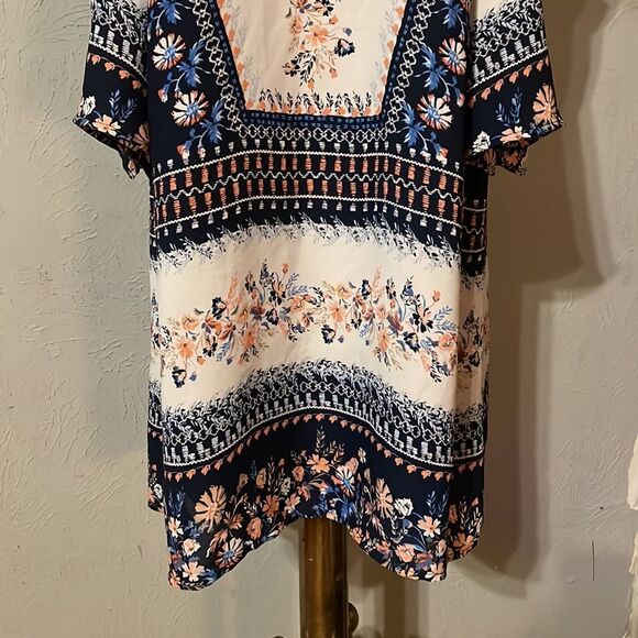 Medium Speechless Bohemian navy ivory cold shoulder v-neck lined shirt top tunic - Picture 4 of 13